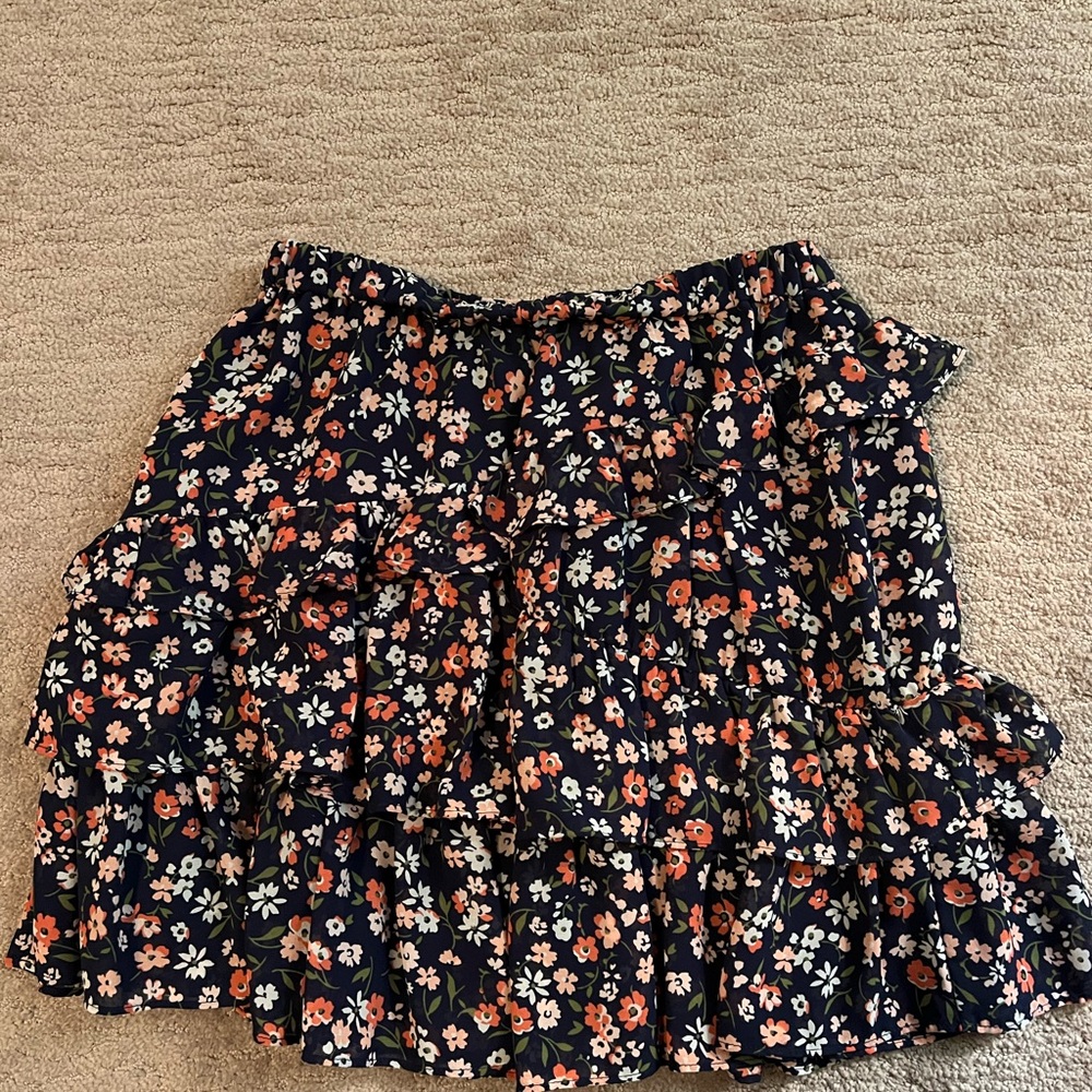 Michael Kors Navy Floral Ruffle Mini Skirt with Coral & White Blooms